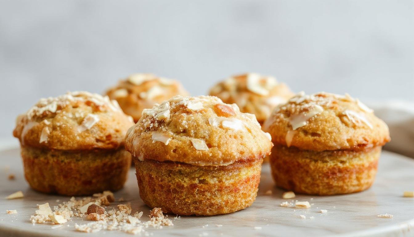 Golden-brown Peach Streusel Muffins topped with crumbly streusel, arranged on a rustic wooden platter. Some muffins show flaky streusel bits, with fresh peach slices peeking through the topping, showcasing their moist interior and inviting texture.