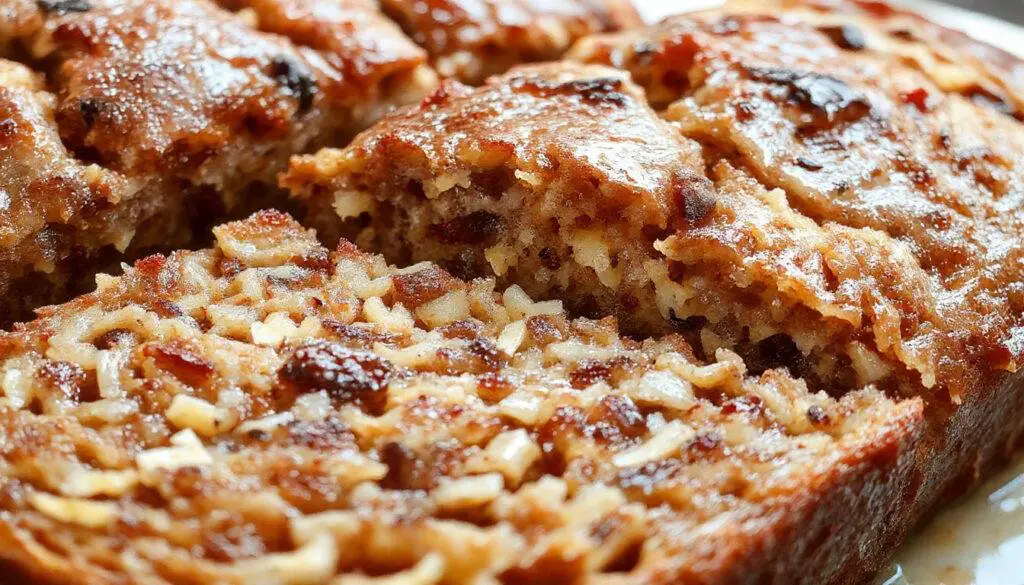 A golden-brown slice of moist banana bread with visible banana chunks on a rustic wooden surface, garnished with a light dusting of powdered sugar and a sprig of mint, with a blurred background of a baking dish and a jar of butter.