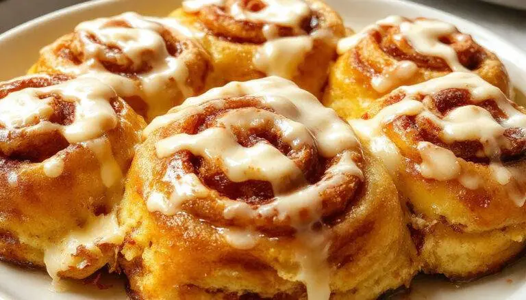 A close-up of soft, fluffy pumpkin cinnamon rolls glazed with creamy white cream cheese frosting, stacked on a rustic plate with cinnamon swirls visible and a drizzle of frosting showing their inviting texture.