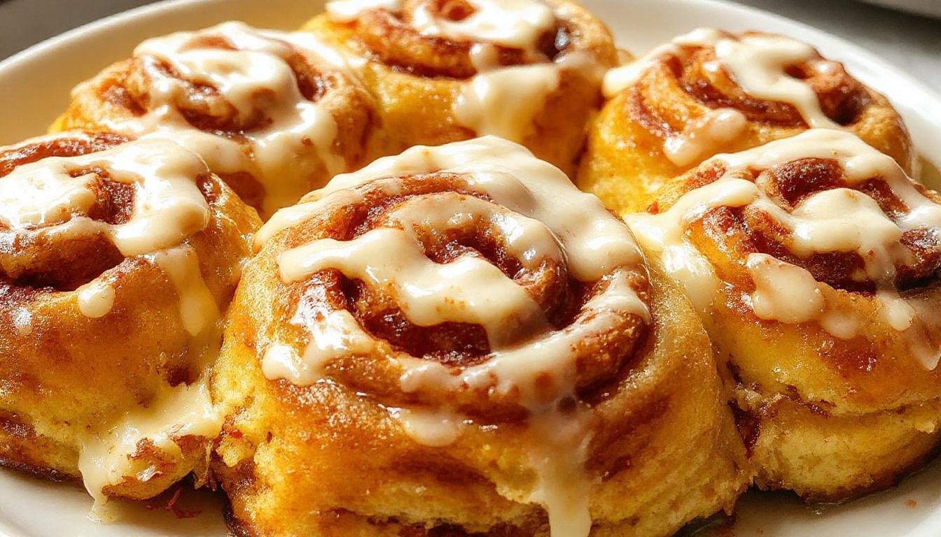 A close-up of soft, fluffy pumpkin cinnamon rolls glazed with creamy white cream cheese frosting, stacked on a rustic plate with cinnamon swirls visible and a drizzle of frosting showing their inviting texture.
