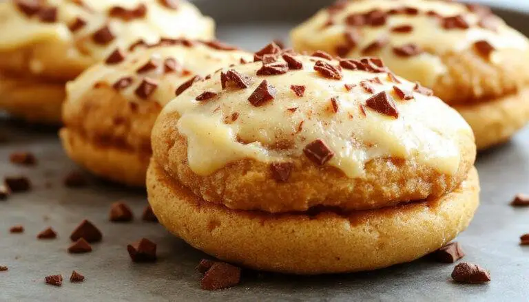 A pair of golden-brown pumpkin whoopie pies with swirls of creamy orange filling, placed on a rustic wooden surface with cinnamon sticks and pumpkin seeds around, the pies have a soft, fluffy texture with hints of spice visible in the filling.