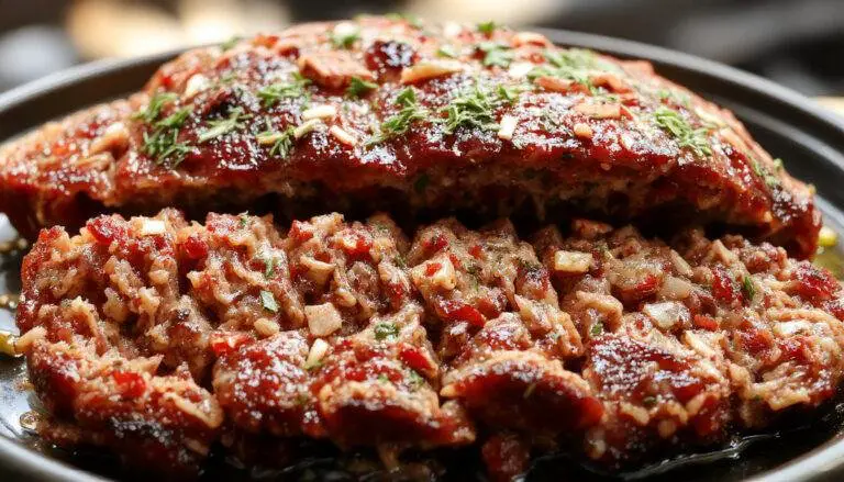 A golden-brown meatloaf sliced to reveal moist, tender interior with a slightly crispy crust, served on a rustic white plate garnished with fresh herbs, accompanied by a side of mashed potatoes and green beans, with a warm, inviting kitchen background.