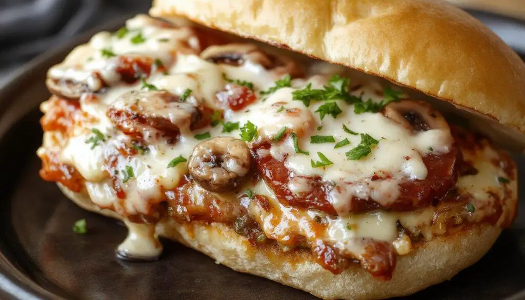 A close-up of a pizza burger showcasing a golden toasted bun layered with melted cheese, slices of spicy pepperoni, sautéed mushrooms, and fresh lettuce. The burger is placed on a rustic wooden surface with a side of crispy fries and a small bowl of dipping sauce, emphasizing its juicy, cheesy, and savory appeal.