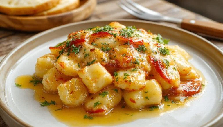 Une poêle en fonte contient une poêlée de gnocchis dorés, garnis de lardons croustillants, de reblochon fondant, et de pommes de terre coupées, le tout présenté avec une garniture généreuse, couleurs chaudes et textures appétissantes.