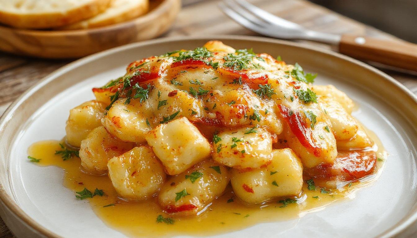 Une poêle en fonte contient une poêlée de gnocchis dorés, garnis de lardons croustillants, de reblochon fondant, et de pommes de terre coupées, le tout présenté avec une garniture généreuse, couleurs chaudes et textures appétissantes.