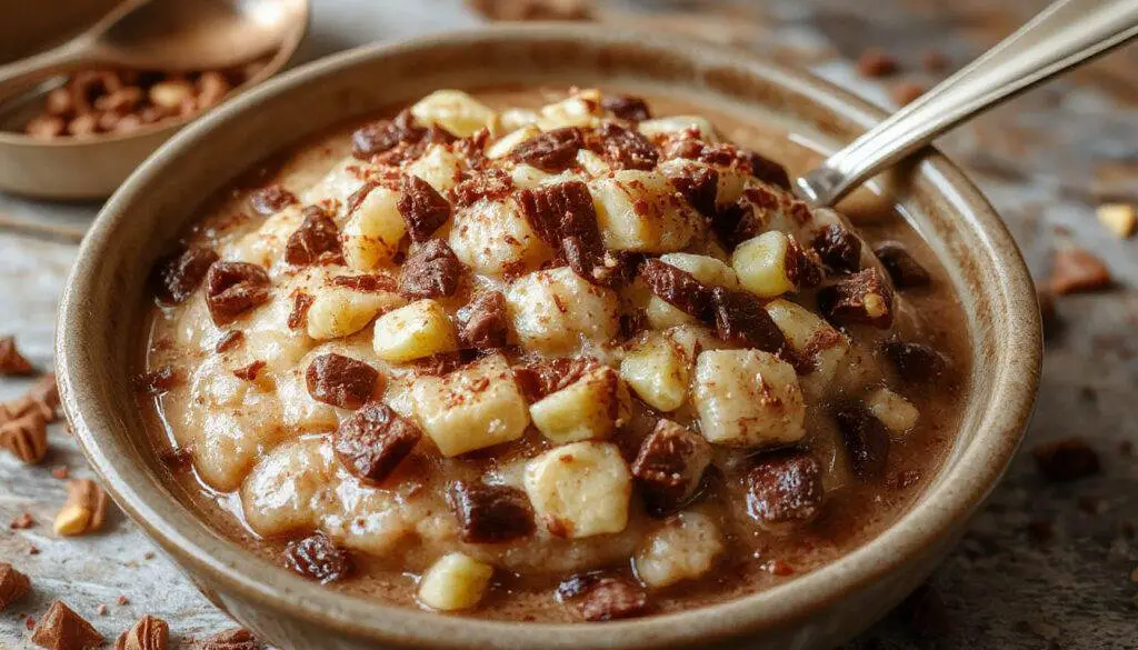 Un bol de porridge froid crémeux garni de pâte de pistache vert vif, décoré de copeaux de chocolat noir et de pistaches concassées, présenté dans un bol blanc élégant avec une cuillère en bois à côté.