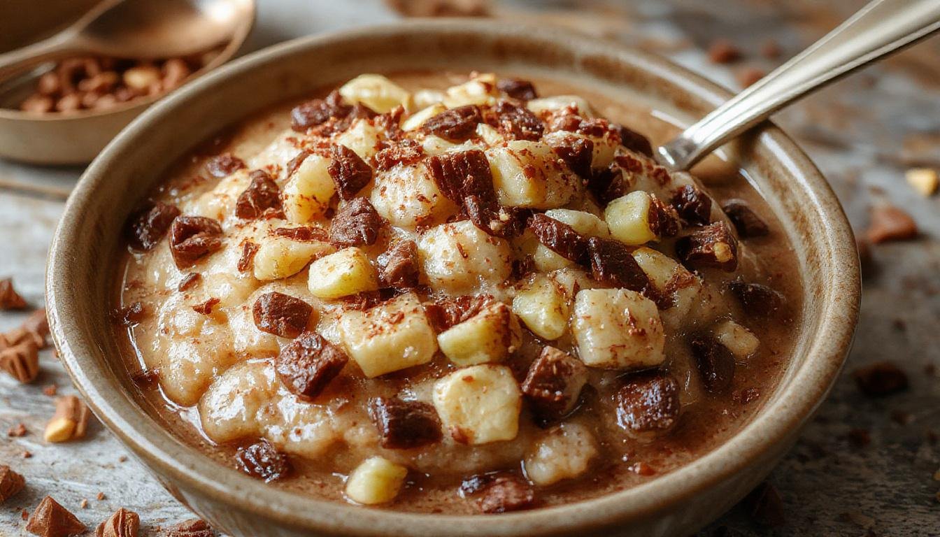 Un bol de porridge froid crémeux garni de pâte de pistache vert vif, décoré de copeaux de chocolat noir et de pistaches concassées, présenté dans un bol blanc élégant avec une cuillère en bois à côté.