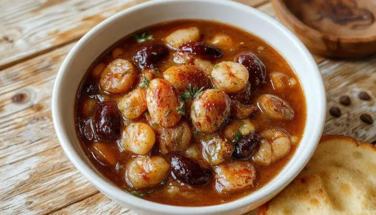 Une potée traditionnelle dans une grande cocotte en fonte, présentant des saucisses dorées, des légumes variés comme carottes, poireaux et pommes de terre, nappés de bouillon brun clair, garnie de herbes fraîches, dans un cadre rustique.