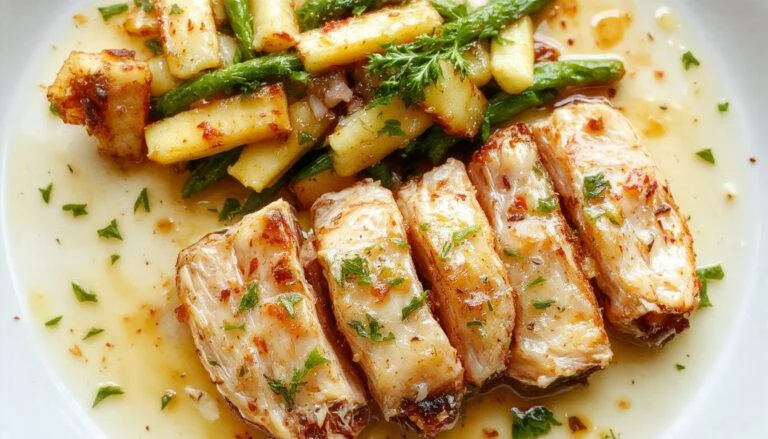 Un plat exotique de poulet au coco et citron vert présenté dans une assiette blanche, le poulet est mijoté dans une sauce crémeuse et parfumée, garnie de zestes de citron vert et de coriandre fraîche, avec des morceaux de coco râpé visibles, le plat est décoré avec des feuilles de menthe et un quartier de citron vert pour ajouter une touche de fraîcheur.