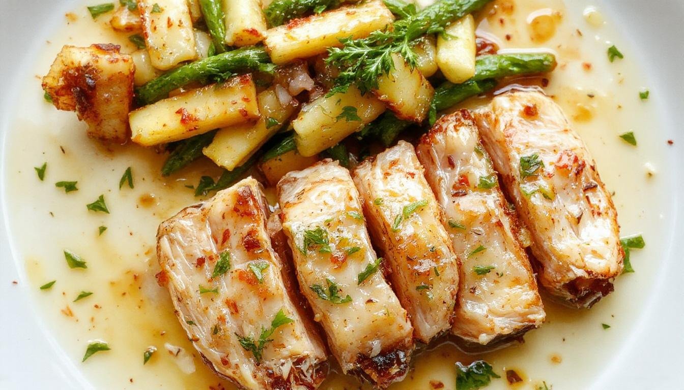 Un plat exotique de poulet au coco et citron vert présenté dans une assiette blanche, le poulet est mijoté dans une sauce crémeuse et parfumée, garnie de zestes de citron vert et de coriandre fraîche, avec des morceaux de coco râpé visibles, le plat est décoré avec des feuilles de menthe et un quartier de citron vert pour ajouter une touche de fraîcheur.