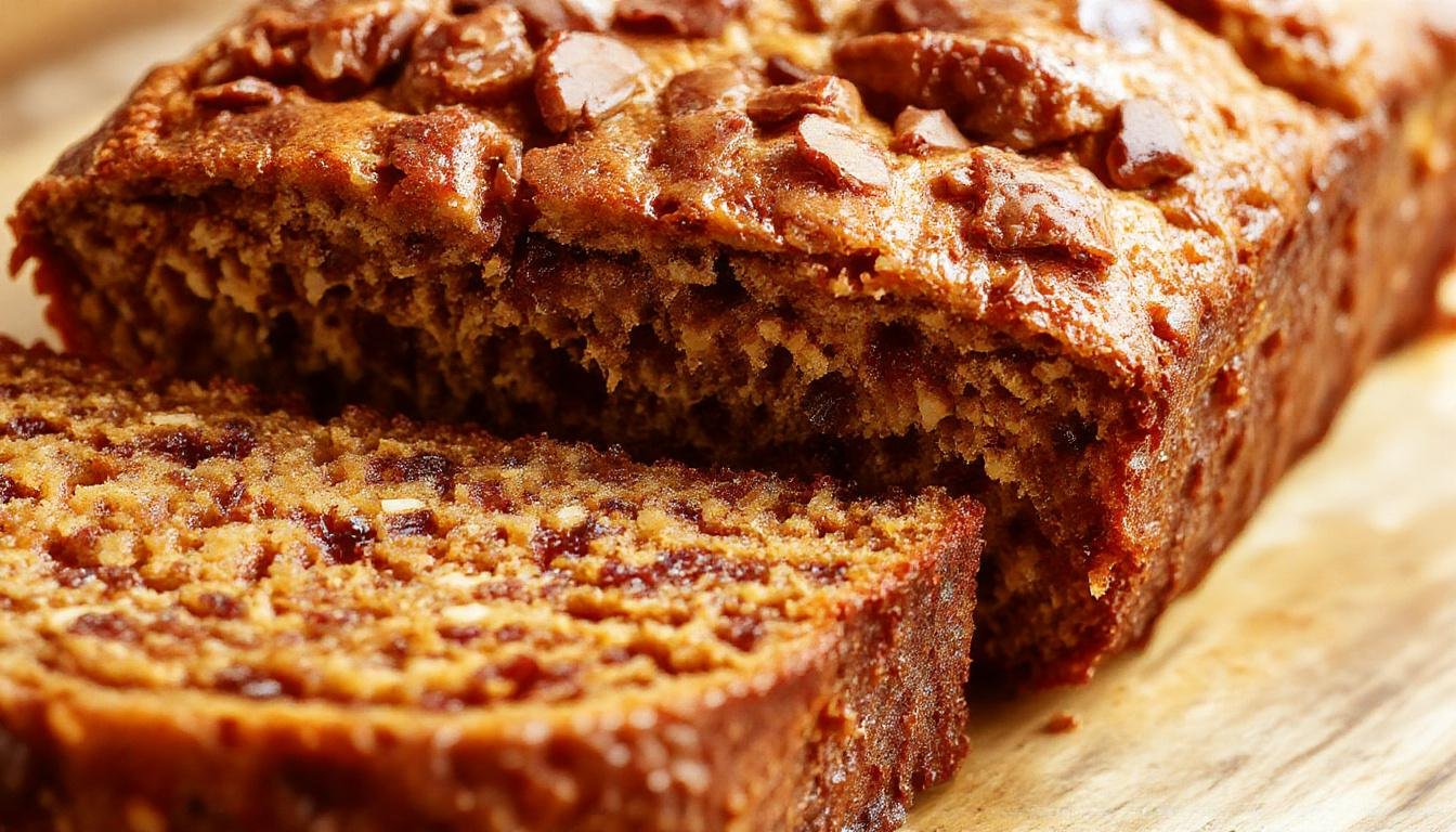 A slice of moist pumpkin banana cake bread on a rustic wooden plate, showcasing its golden-brown crust and tender, moist interior dotted with banana slices and pumpkin bits. The bread has a slightly cracked top, revealing its fluffy crumb, with a few banana slices and a sprinkle of cinnamon on top. The background includes a blurred cozy kitchen setting with warm lighting.