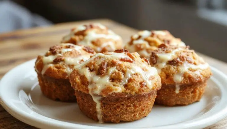 A close-up of golden-brown bakery-style pumpkin banana muffins arranged on a rustic wooden platter. The muffins have a slightly domed top with a light crackling surface, speckled with bits of pumpkin and banana. The texture appears moist and fluffy, with a hint of cinnamon and nutmeg visible in the crumb. Soft natural lighting highlights the warm tones and inviting appearance of the muffins.