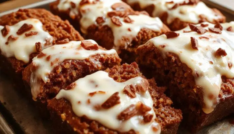 A loaf of pumpkin bread topped with a generous swirl of cream cheese frosting, golden-brown crust with a slightly cracked surface, garnished with a sprinkle of cinnamon and pecans around the edges, set on a rustic wooden table with autumn-themed elements in the background.