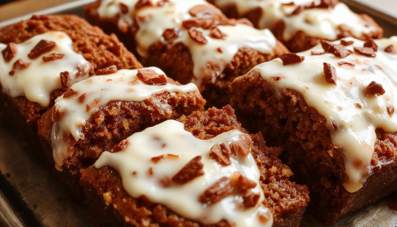 A loaf of pumpkin bread topped with a generous swirl of cream cheese frosting, golden-brown crust with a slightly cracked surface, garnished with a sprinkle of cinnamon and pecans around the edges, set on a rustic wooden table with autumn-themed elements in the background.