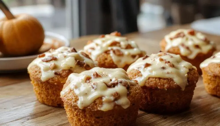 A batch of golden-brown bakery-style pumpkin cheesecake muffins arranged on a rustic wooden tray. The muffins have a slightly cracked top, revealing creamy pumpkin cheesecake swirls inside. Some muffins show a dollop of cream cheese filling peeking through, with a light dusting of cinnamon on top. The background features a lightly blurred autumn-themed backdrop with warm, cozy tones.