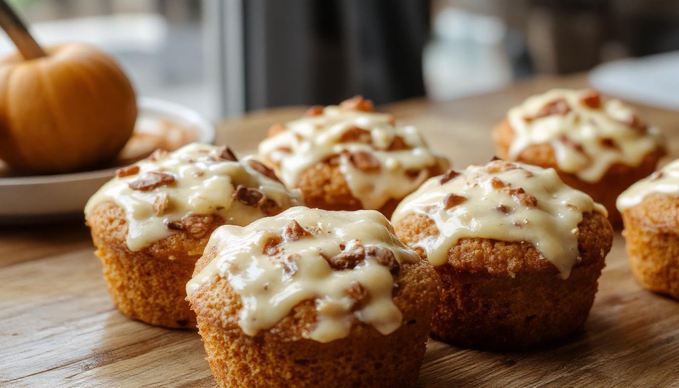 A batch of golden-brown bakery-style pumpkin cheesecake muffins arranged on a rustic wooden tray. The muffins have a slightly cracked top, revealing creamy pumpkin cheesecake swirls inside. Some muffins show a dollop of cream cheese filling peeking through, with a light dusting of cinnamon on top. The background features a lightly blurred autumn-themed backdrop with warm, cozy tones.