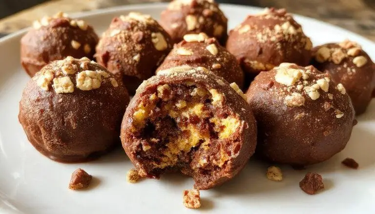 Creamy pumpkin cheesecake truffles coated in a smooth white chocolate layer, garnished with a sprinkle of cinnamon and decorated with tiny pumpkin-shaped sprinkles, displayed on a rustic wooden platter with fall leaves nearby.