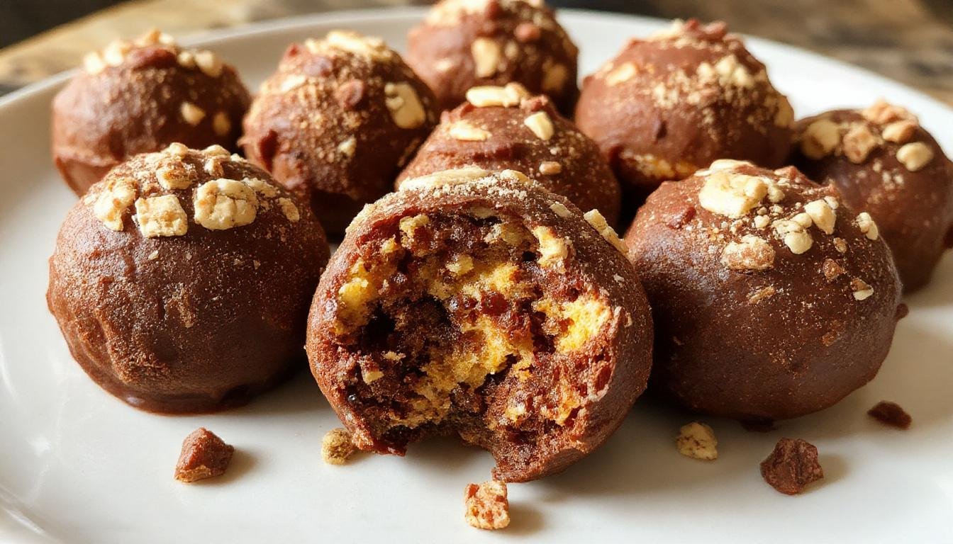Creamy pumpkin cheesecake truffles coated in a smooth white chocolate layer, garnished with a sprinkle of cinnamon and decorated with tiny pumpkin-shaped sprinkles, displayed on a rustic wooden platter with fall leaves nearby.