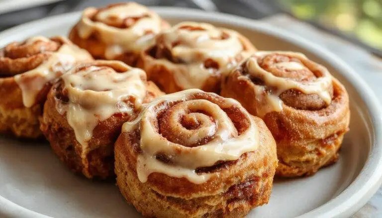A close-up of soft, golden pumpkin cinnamon rolls topped with creamy coffee maple frosting, elegantly arranged on a rustic wooden tray with a cinnamon stick garnish. The frosting glistens, and the rolls are sprinkled with a touch of cinnamon, highlighting a warm autumnal theme.