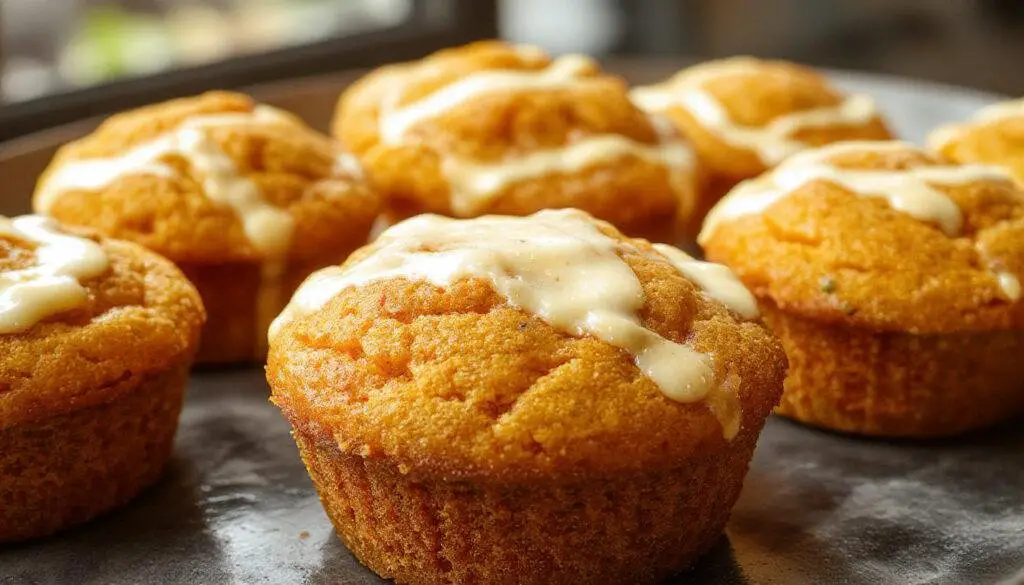 A close-up of a freshly baked pumpkin cream cheese muffin with a golden-brown top, swirls of cream cheese filling visible from the side, subtle fall-themed garnishes like cinnamon stick and a sprig of thyme on a rustic white plate