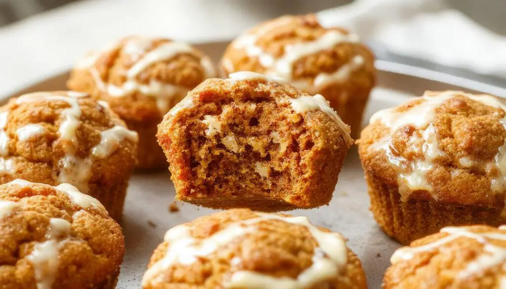 Golden-brown pumpkin cream cheese muffins arranged in a rustic wire basket lined with a parchment paper liner. The muffins have a slightly domed top with a swirl of cream cheese visible through cracks in the crust, and a soft, moist crumb texture with hints of orange pumpkin color. Some muffins are partially broken open to reveal the creamy filling inside, with a few crumbs scattered around creating an inviting, homemade feel.