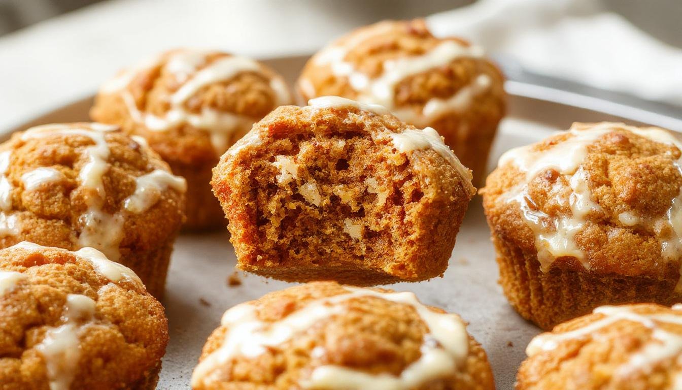 Golden-brown pumpkin cream cheese muffins arranged in a rustic wire basket lined with a parchment paper liner. The muffins have a slightly domed top with a swirl of cream cheese visible through cracks in the crust, and a soft, moist crumb texture with hints of orange pumpkin color. Some muffins are partially broken open to reveal the creamy filling inside, with a few crumbs scattered around creating an inviting, homemade feel.