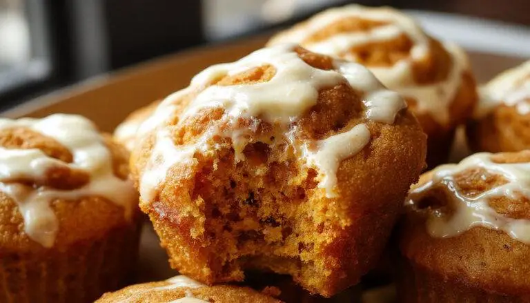 Golden-brown pumpkin muffins with a visible creamy swirl on top, garnished with a dusting of powdered sugar and a sprinkle of cinnamon, arranged in a rustic wire basket on a wooden table.