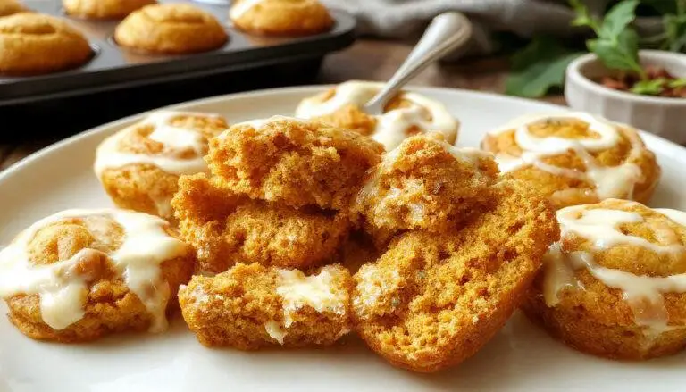A close-up of a freshly baked Pumpkin Cream Cheese Swirl Muffin with a golden-brown top, swirls of cream cheese visible on the surface, and a soft crumb inside. The muffin is placed on a rustic wooden surface with a few crumb bits scattered around, highlighting its moist texture and enticing swirl pattern.