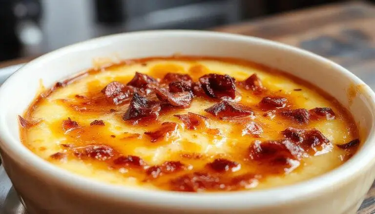 A ramekin of Pumpkin Crème Brûlée topped with a golden caramelized sugar crust, garnished with a cinnamon stick and small pumpkin spice leaves, surrounded by a rustic wooden table setting.