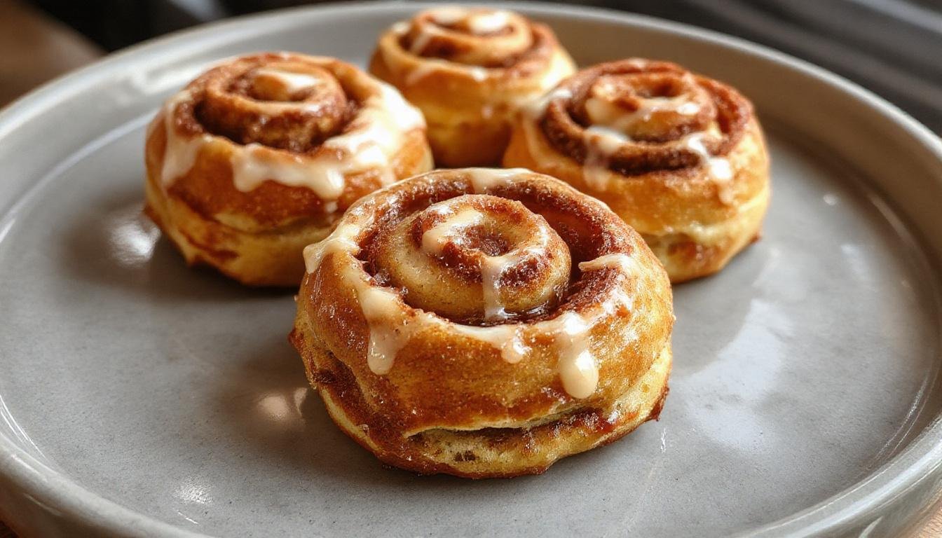 A close-up of pumpkin-shaped cinnamon rolls topped with creamy white frosting, arranged beautifully on a rustic wooden platter with a sprinkle of cinnamon on top. The rolls are golden-brown with visible swirls of pumpkin and cinnamon filling, glistening with a slight glaze and dusted with powdered sugar around the edges.