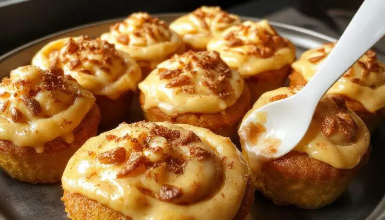 A close-up of three pumpkin spice cupcakes topped with swirls of cream cheese frosting, garnished with cinnamon and pecans, arranged on a rustic wooden plate with fall leaves in the background.