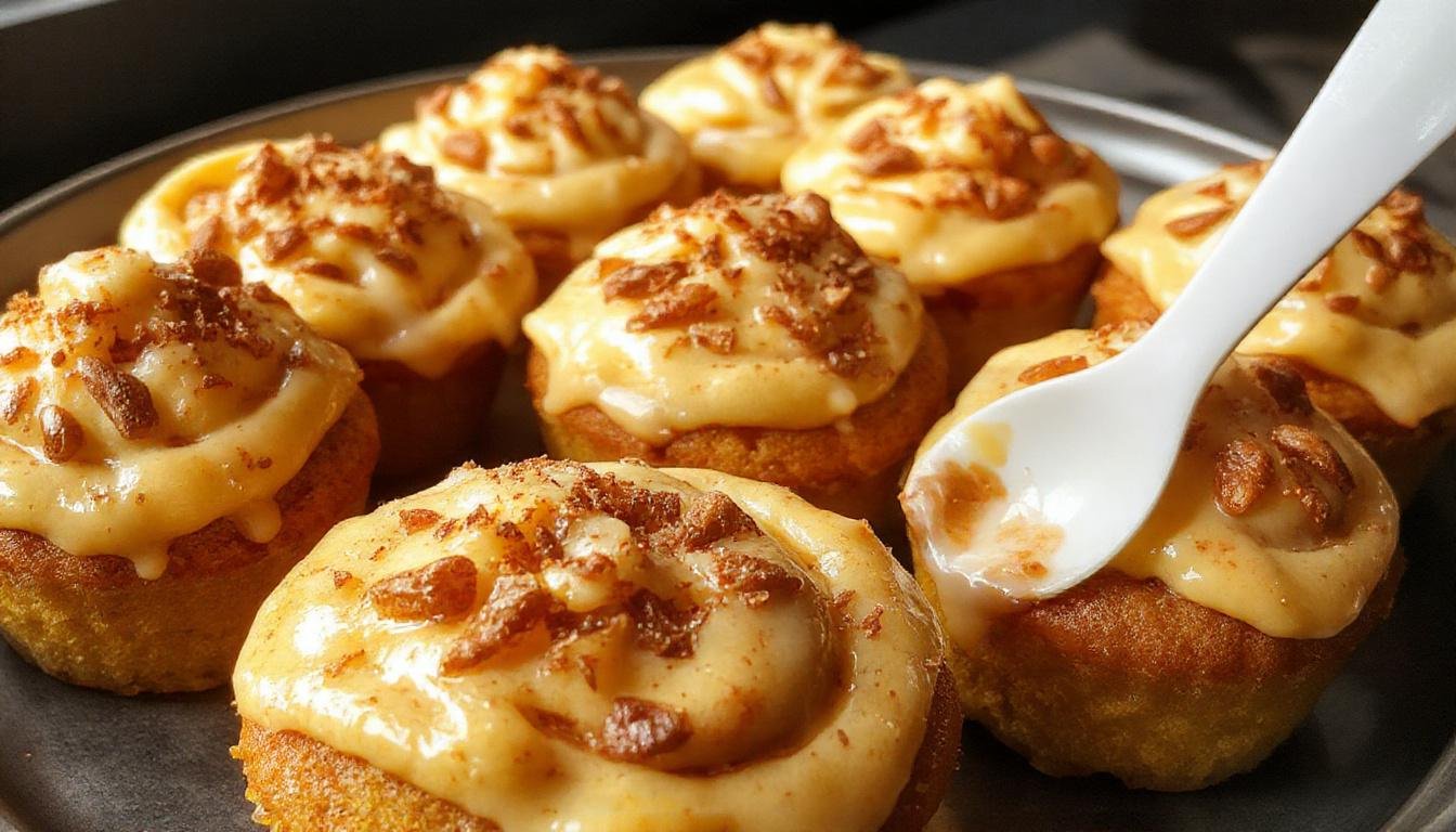 A close-up of three pumpkin spice cupcakes topped with swirls of cream cheese frosting, garnished with cinnamon and pecans, arranged on a rustic wooden plate with fall leaves in the background.