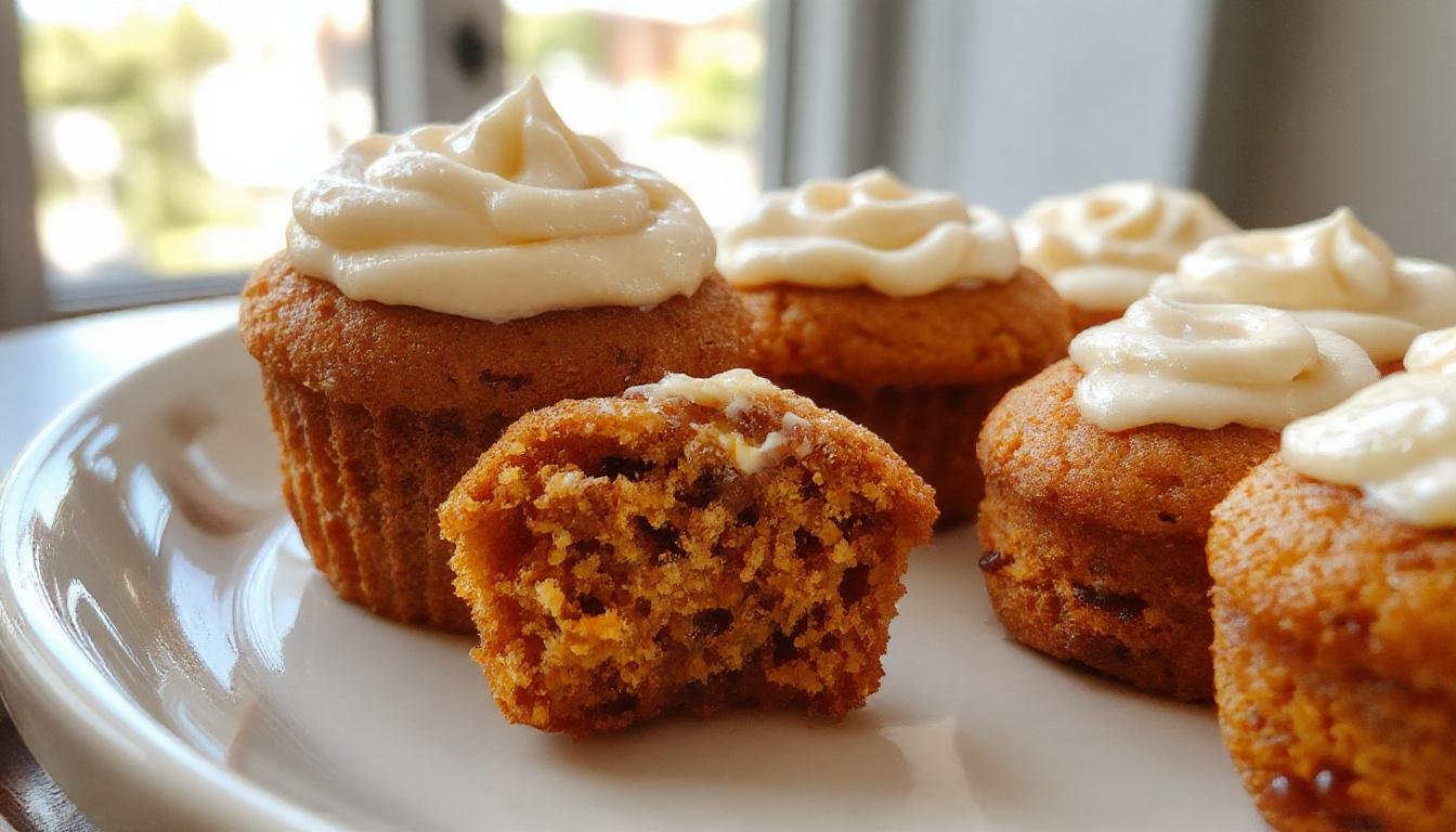 A close-up of two fluffy pumpkin cupcakes topped with generous swirls of creamy white cream cheese frosting, decorated with a sprinkle of cinnamon on top, presented on a rustic wooden plate with a blurred autumnal background.