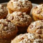 Golden-brown pumpkin streusel muffins arranged on a rustic wooden surface, with a crumbly streusel topping visible, accompanied by a small bowl of glaze and autumn-themed decor in the background.