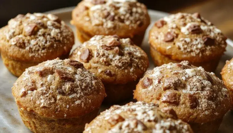 Golden-brown pumpkin streusel muffins arranged on a rustic wooden surface, with a crumbly streusel topping visible, accompanied by a small bowl of glaze and autumn-themed decor in the background.
