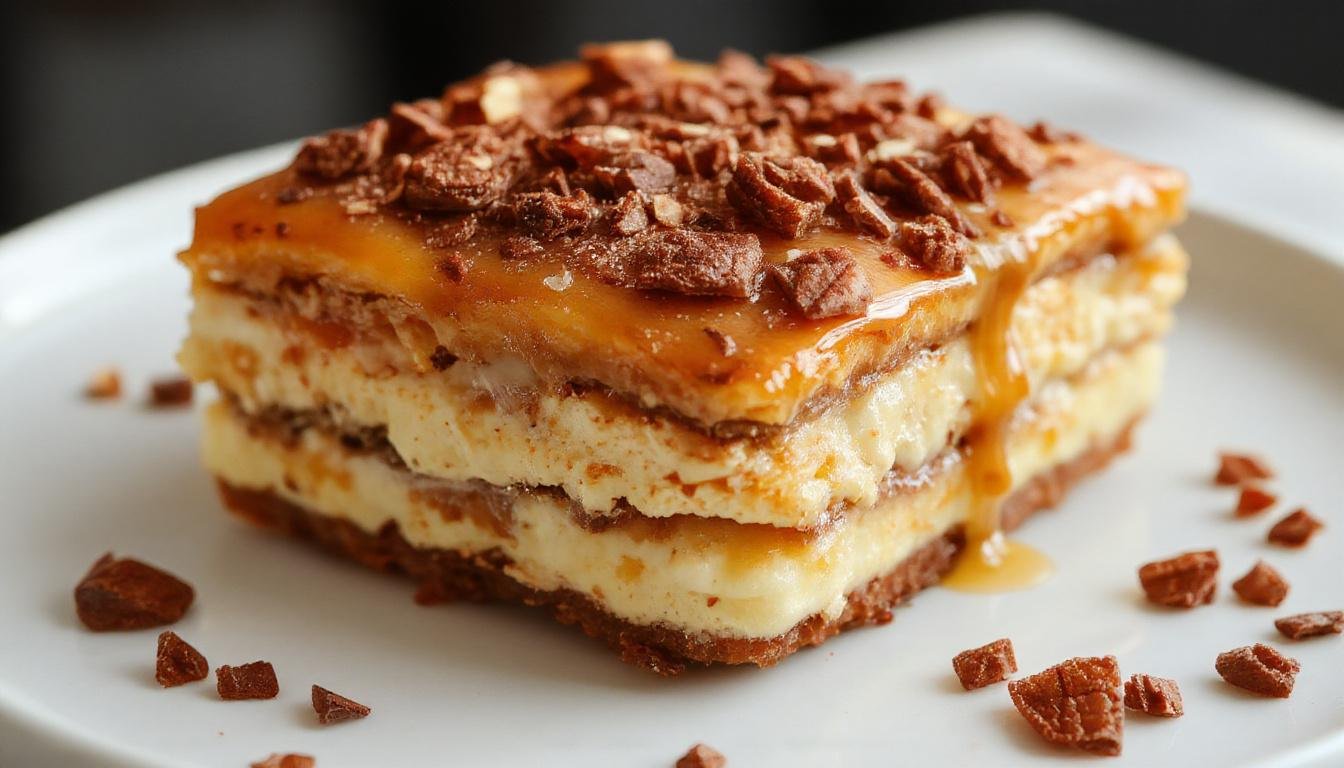 A layered pumpkin tiramisu served in a clear glass dish, showcasing alternating layers of orange pumpkin-flavored cream and coffee-soaked ladyfingers. The top is dusted with a light cocoa powder and decorated with a sprinkle of cinnamon and a small sprig of fresh mint, creating a warm, inviting presentation. The textures of smooth cream, soft ladyfingers, and delicate toppings are clearly visible, highlighting the cozy fall flavor theme.