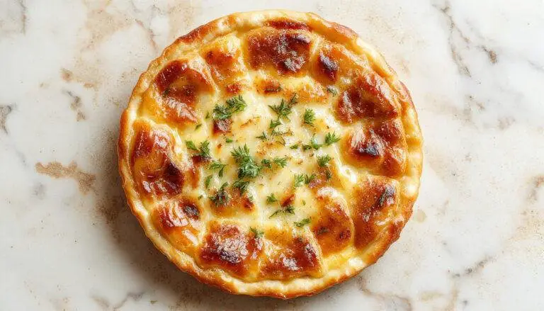 Une quiche Lorraine traditionnelle dans une tarte en pâte brisée, garnie de lardons dorés, d'œufs et de crème, décorée d'un léger brunissement à la surface et présentée sur une planche en bois, prête à être servie.