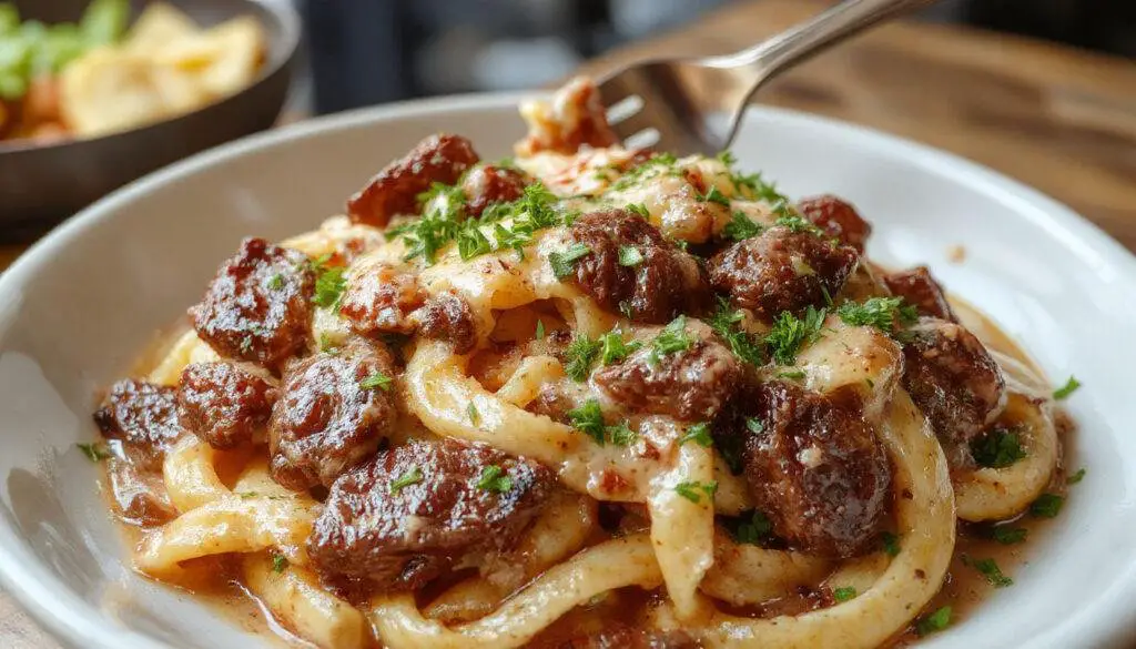 A close-up of a creamy beef pasta dish served on a white plate, featuring tender ground beef nestled in a rich, velvety sauce with perfectly cooked al dente pasta. Garnished with fresh chopped herbs, the dish showcases a glossy surface with a smooth texture, inviting warmth and hearty appeal.