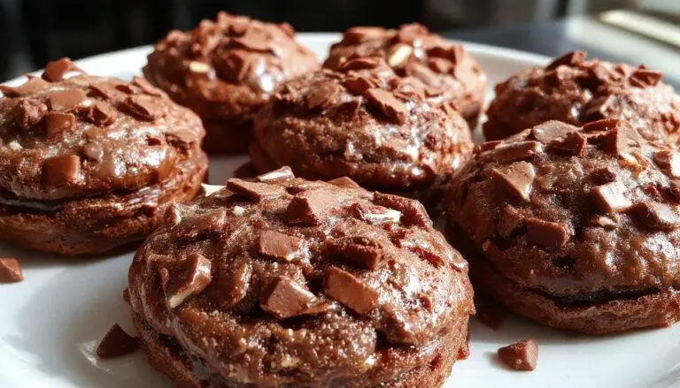 A close-up of three golden-brown chocolate biscuits arranged on a white plate with a drizzle of melted chocolate on top, surrounded by cocoa powder and chocolate shavings, with a slightly blurred background of a baking sheet and ingredients.