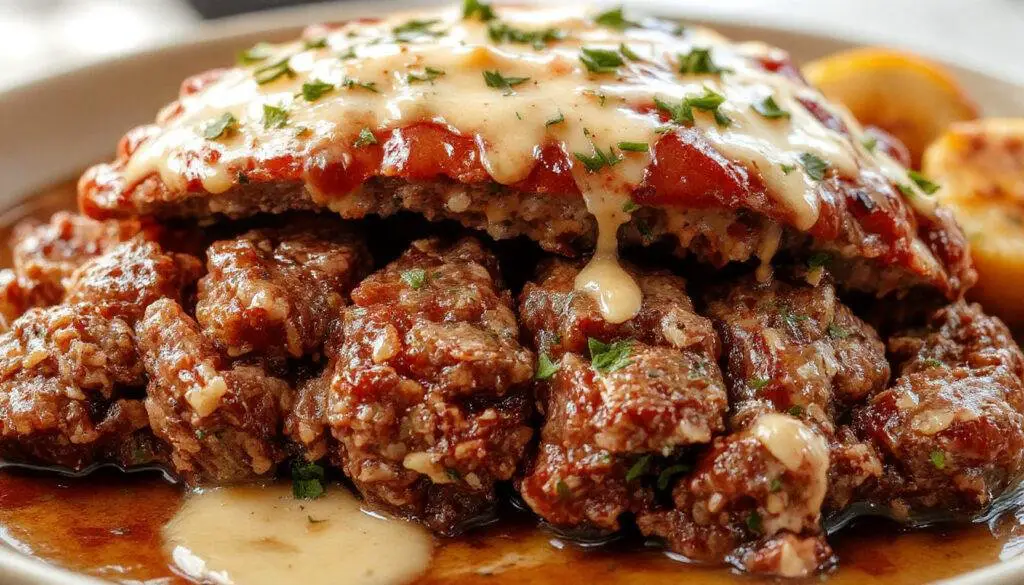 A perfectly sliced one pound meatloaf on a rustic wooden cutting board, topped with a glossy tomato glaze. The slices reveal a moist, tender interior with herbs and spices visible throughout, accompanied by a side of mashed potatoes and fresh green beans, all styled for a cozy, inviting dinner setting.