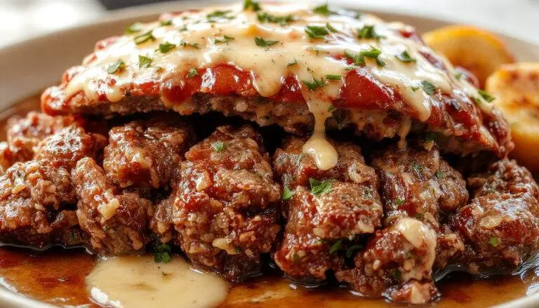 A perfectly sliced one pound meatloaf on a rustic wooden cutting board, topped with a glossy tomato glaze. The slices reveal a moist, tender interior with herbs and spices visible throughout, accompanied by a side of mashed potatoes and fresh green beans, all styled for a cozy, inviting dinner setting.