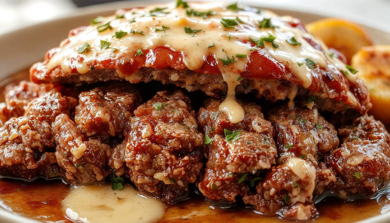A perfectly sliced one pound meatloaf on a rustic wooden cutting board, topped with a glossy tomato glaze. The slices reveal a moist, tender interior with herbs and spices visible throughout, accompanied by a side of mashed potatoes and fresh green beans, all styled for a cozy, inviting dinner setting.