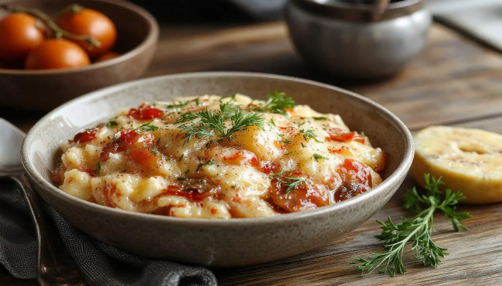 Un risotto crémeux de couleur dorée, garni de morceaux de tomates séchées rouges vives et d'épinards verts frais, présenté dans une assiette blanche élégante avec une texture onctueuse visible.