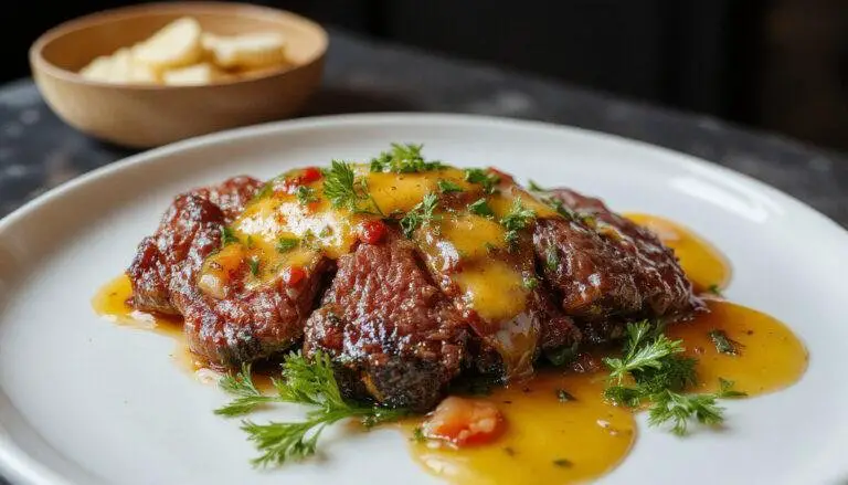 Une tranche de rôti de porc dorée à la croûte caramelisée, garnie de branches de romarin frais et nappée d'un filet de miel, servie sur une assiette blanche élégante avec des légumes rôtis en arrière-plan.