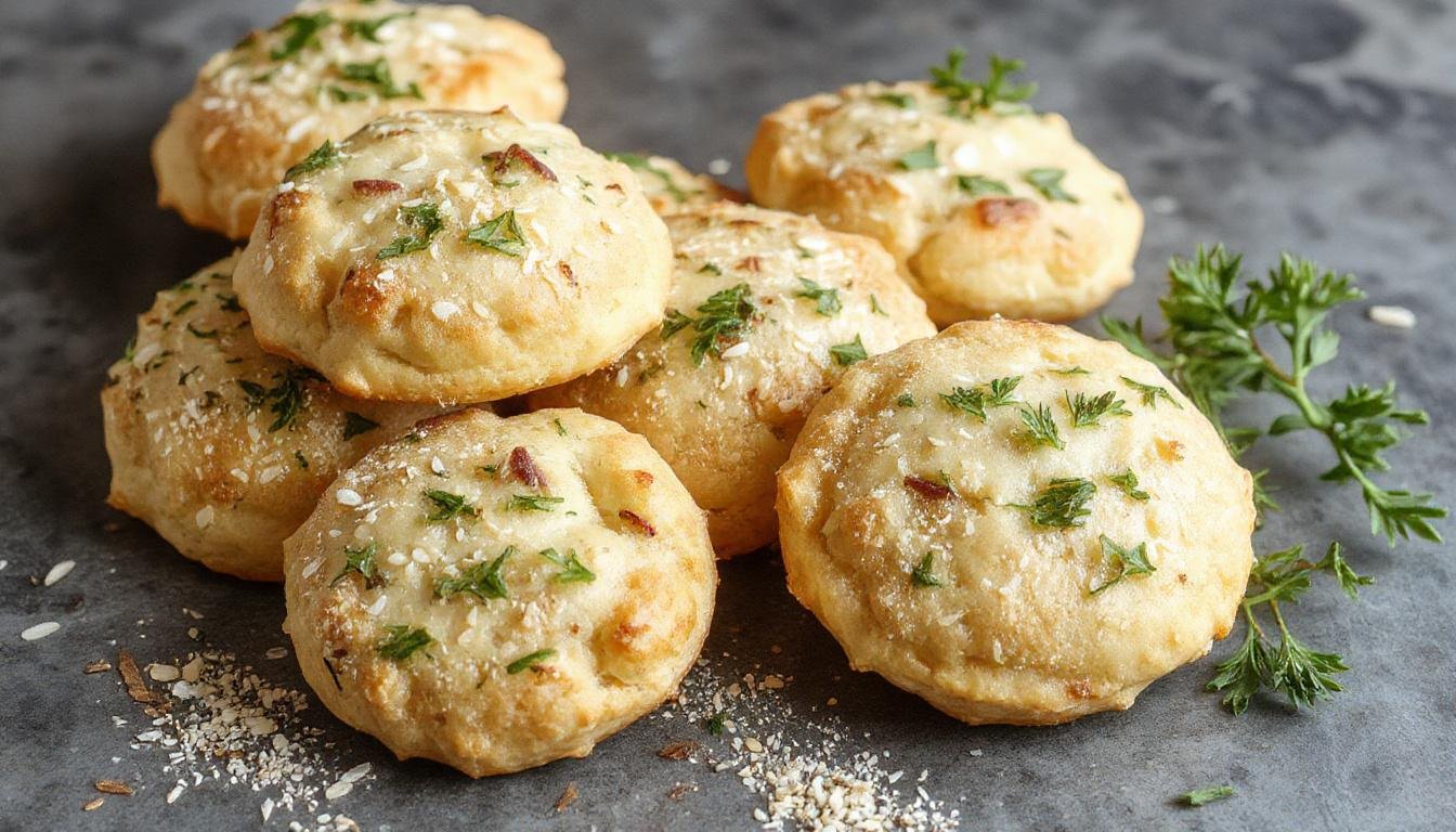 Gros plan sur des biscuits sablés dorés, visibles avec des graines de sésame sur le dessus, entourés d'herbes de Provence finement dispersées, présentation élégante sur une assiette blanche avec un fond neutre.