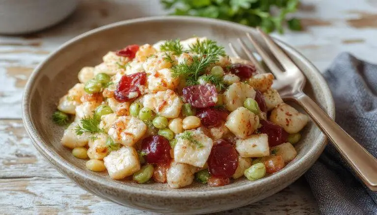 Une salade fraîche et colorée dans un bol en céramique, composée de pois chiches dorés, morceaux de thon blanc, tomates cerises rouges, oignons rouges finement tranchés, herbes fraîches et une vinaigrette légère, présentée de façon appétissante au centre de la table.