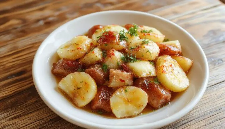 Une salade de pommes de terre et œufsicolorée, présentée dans un plat blanc, avec des morceaux de pommes de terre dorés, œufs durs tranchés, garnie d'herbes fraîches et nappée d'une vinaigrette crémeuse, le tout avec un aspect à la fois rustique et élégant.