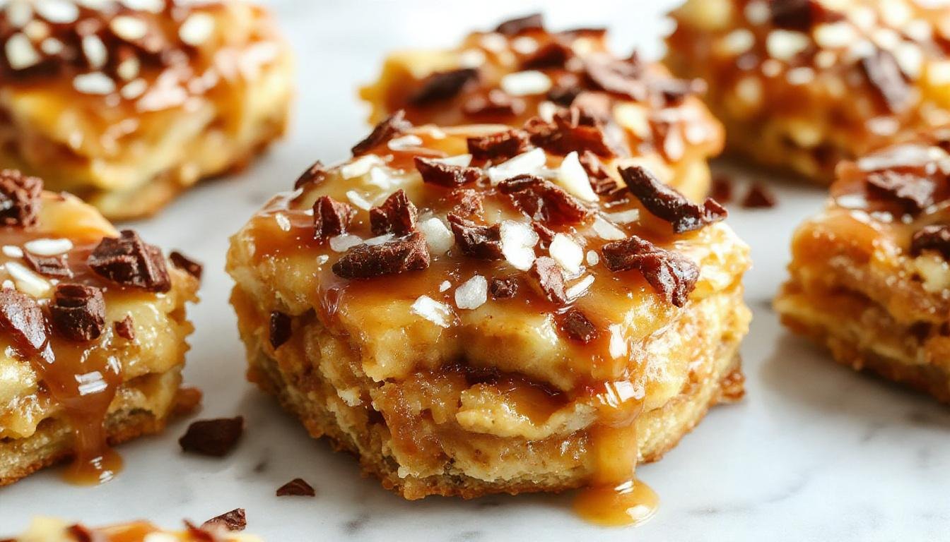 A close-up of salted caramel apple bars arranged on a rustic wooden platter. The bars have a golden-brown crust topped with caramel sauce and sliced fresh apples with a sprinkle of sea salt. The caramel glistens, and the apples are vibrant red and green, contrasting beautifully with the rich caramel and flaky crust. Light crumbs are scattered around, highlighting their homemade appeal.
