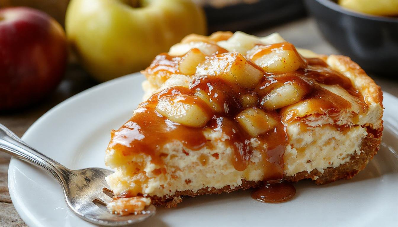 A slice of Salted Caramel Apple Pie Cheesecake on a white plate. The cheesecake has a golden-brown crust, a creamy caramel swirl, and tender apple slices on top. The surface is drizzled with salted caramel sauce, creating a glossy finish, with hints of cinnamon and nutmeg visible in the filling. The background features a rustic wooden table with a few caramel drizzle splashes, emphasizing the dessert's rich, indulgent appeal.