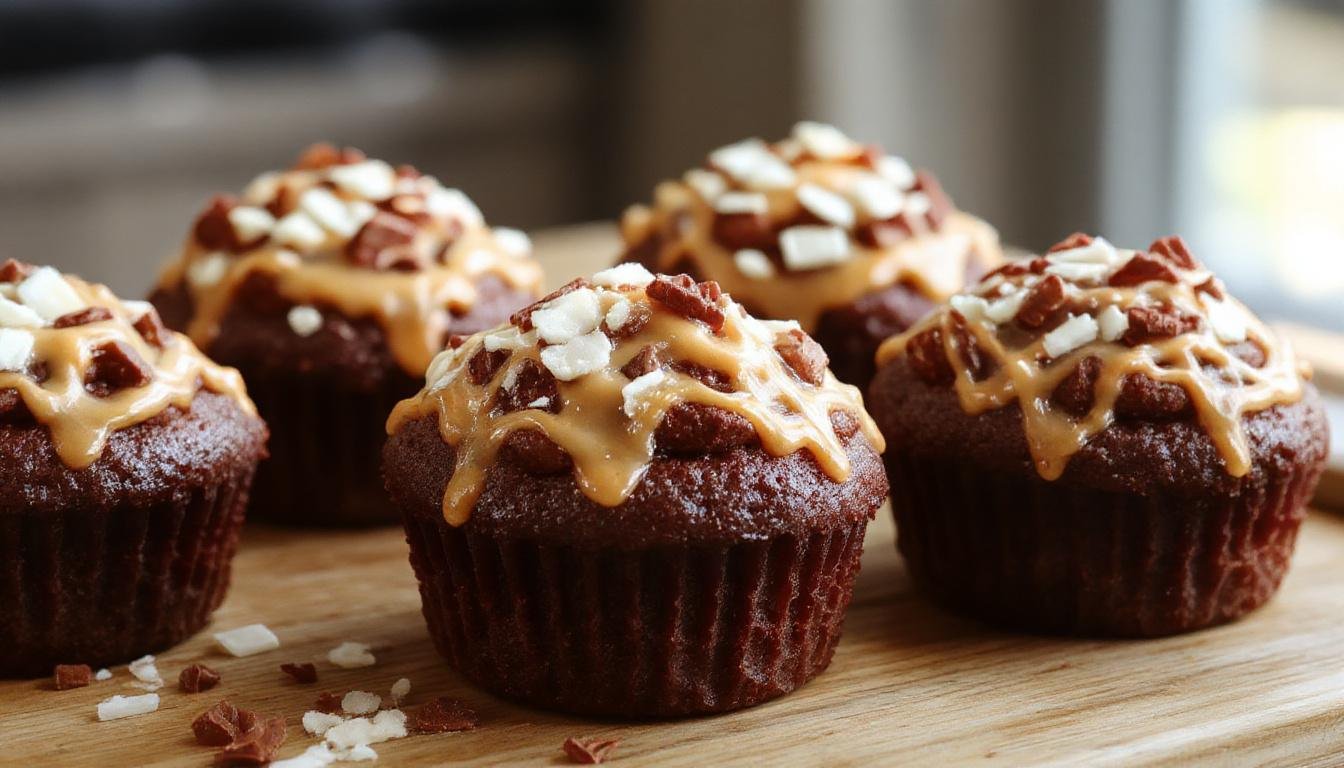 A close-up of two luscious salted caramel chocolate cupcakes on a rustic wooden surface. The cupcakes have a rich, glossy chocolate top decorated with a drizzle of golden salted caramel sauce and a sprinkle of sea salt crystals. The surrounding area features a few caramel swirls and cocoa powder dusted lightly around the cupcakes, creating a tempting and inviting scene.